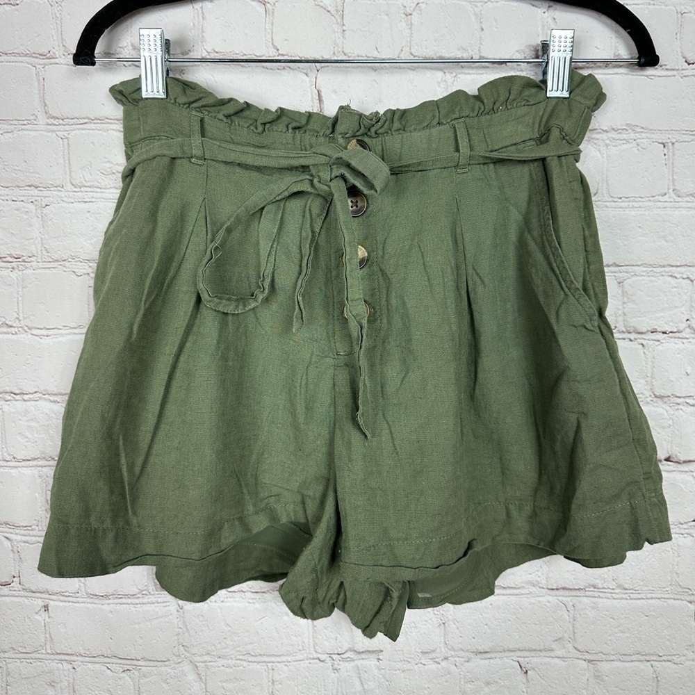 American Eagle Womens High Rise Linen blend green belted shorts, sz M